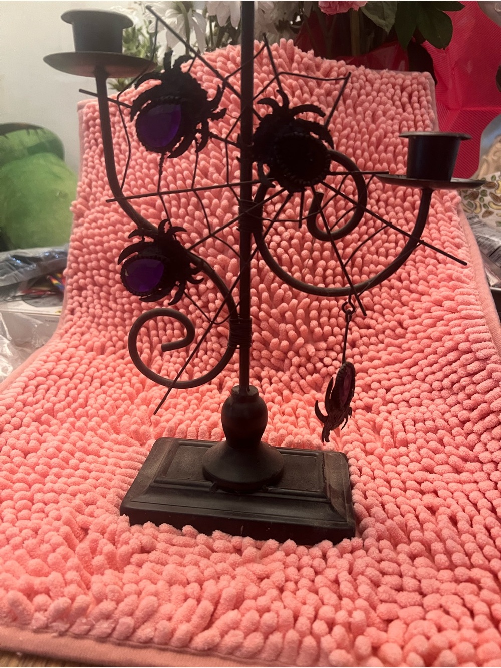 Black Metal Decorative Candle Holder with Purple Glass Accents